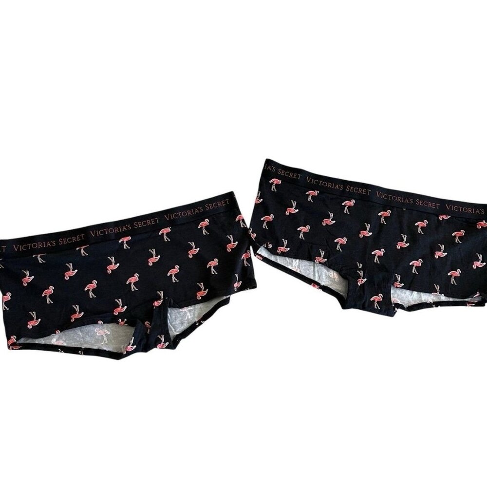 Victoria's Secret Logo Waist Flamingo Print Black Boyshort Set of 2 Size Large